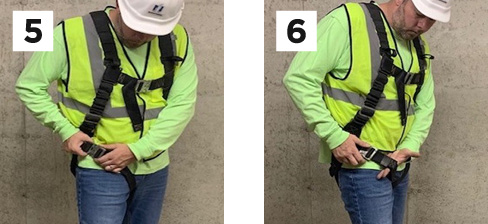 construction worker demonstrating steps 5 and 6 of wearing a safety harness