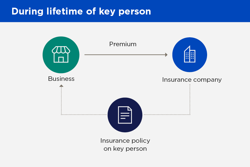Diagram of how key person insurance works during the lifetime of key person: The business buys a life insurance policy on the key employee and pays the premiums.