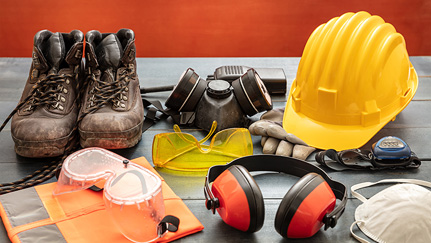 Work boots, goggles, hard hat and other PPE
