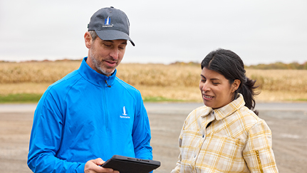 Agent and farmer walking in field