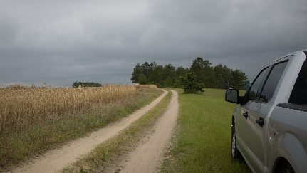 truck outside near cornfield with thunderstorm approaching