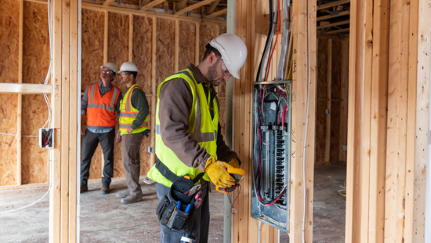 An electrician wearing a hard hat, insulated gloves and a high-visibility vest stands in front of an open breaker box.