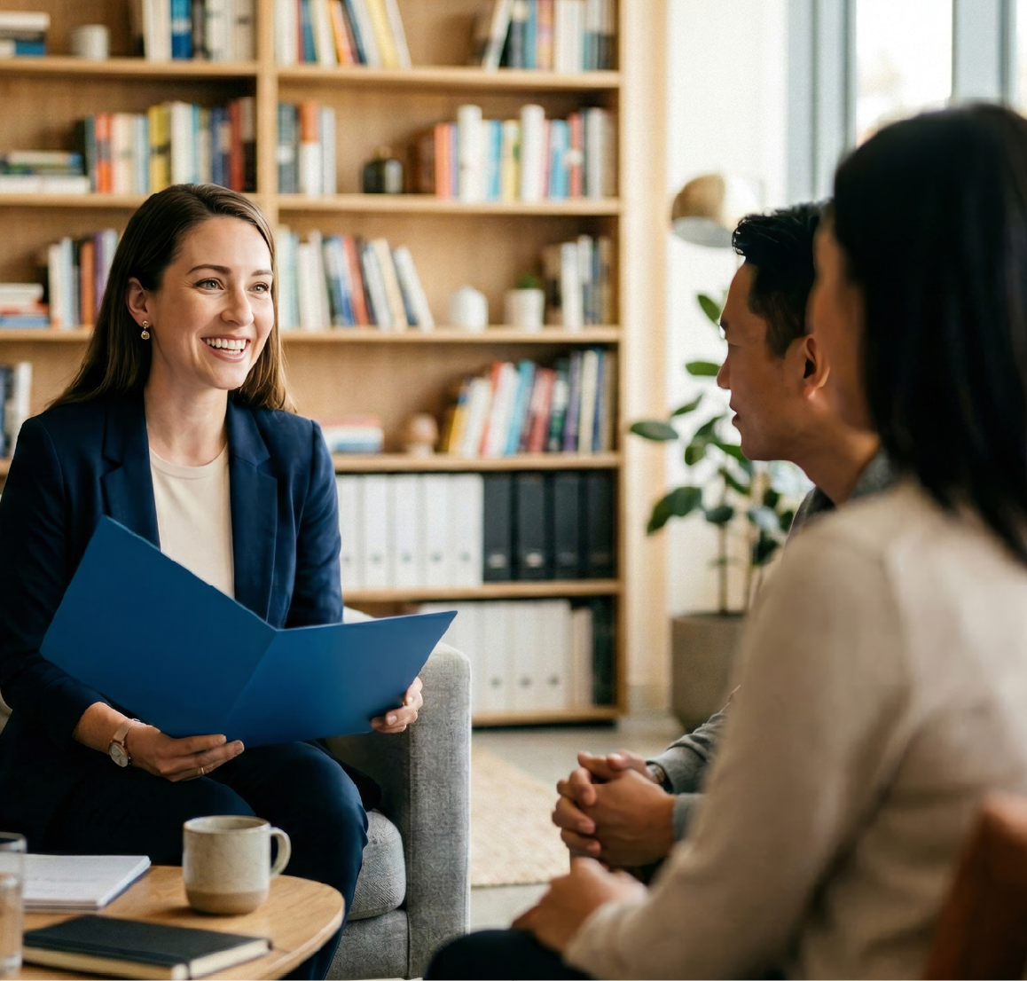Woman advisor smiling and sitting down with clients in her office with a large bookshelf behind her.