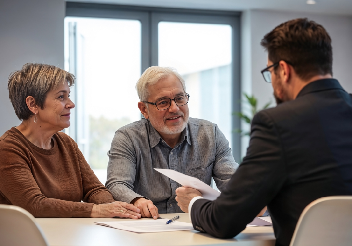 Couple in their 60s meeting with their financial professional sitting at a desk.