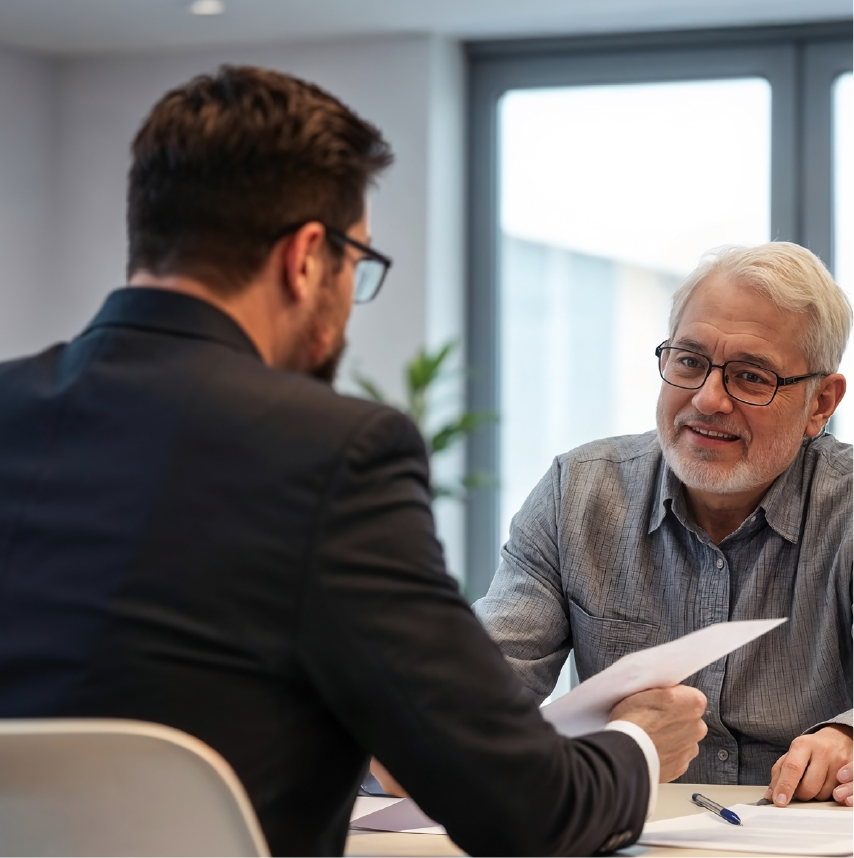 Man in his 60s and a financial professional sitting down and looking at a sheet of paper.