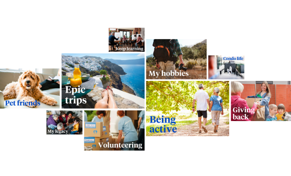 An example collage of images varying in size to highlight most to least important areas of life during retirement, including pets, travel, volunteering, and being active.