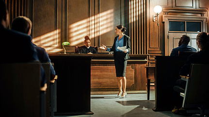 woman in front of a judge in a courtroom