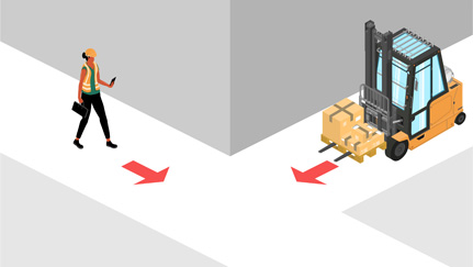 Illustration of a distracted worker approaching a corner while a forklift carrying boxes turns from the opposite direction, highlighting a potential blind spot hazard.