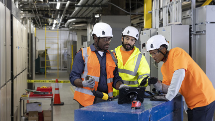 Workplace safety meeting with employees and supervisor.