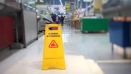 Wet floor warning sign in a retail environment.