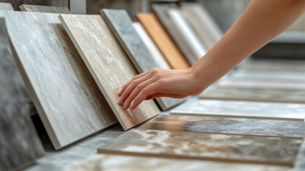 a hand touching one of a variety of floor tiles